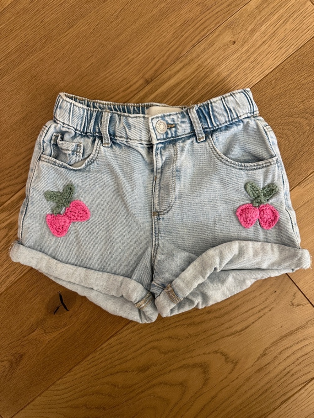 Zara Blue Denim Kids Shorts with Pink Cherry Embroidery